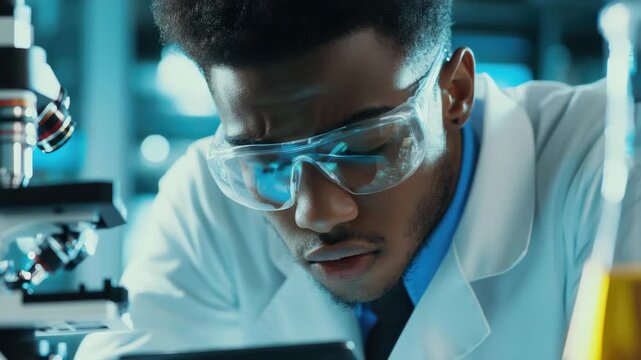 A young man focused on scientific research in a lab setting.