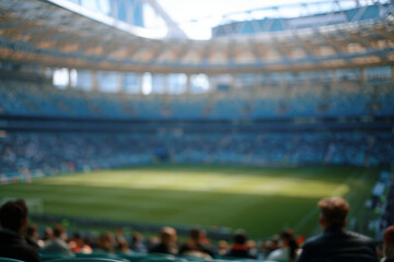 Fototapeta premium Football field grass close up with stadium seats in blur, sports concept, professional pitch surface texture with sunlight and shallow depth of field.