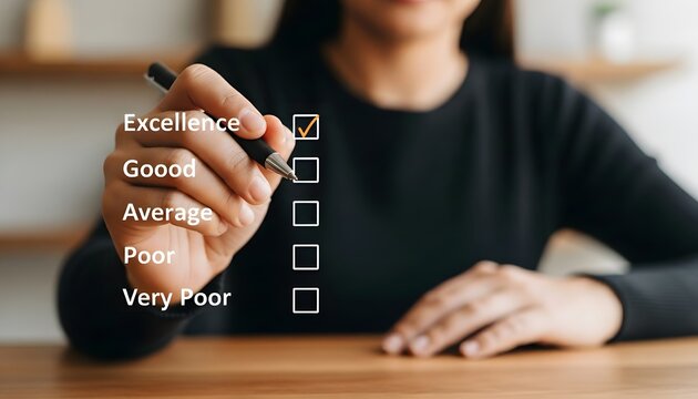 Woman marking excellence on a rating scale isolated on transparent background