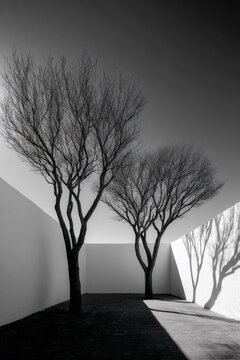 Shadows and trees dance in minimalist architectural space
