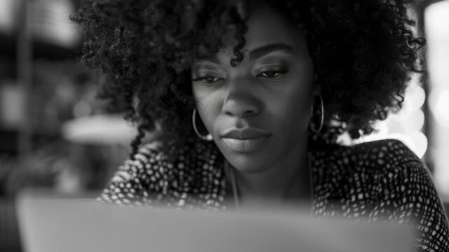Black and white shot of woman focusing on laptop in blurred office environment.
