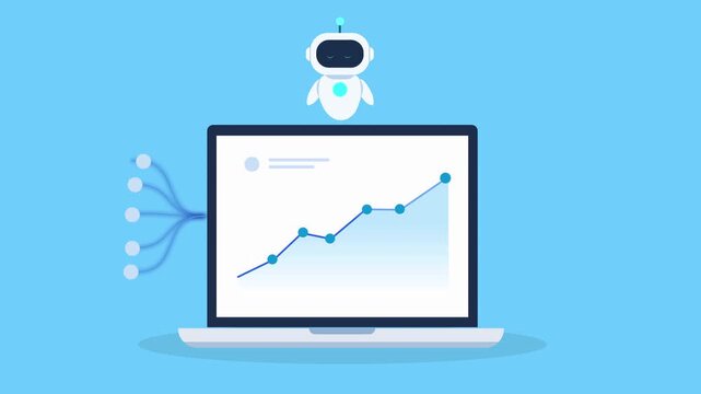 Animated AI robot analyzing a growing data chart on a laptop with a user group icon, representing customer analytics, audience insights, user data tracking, marketing performance, and business intelli