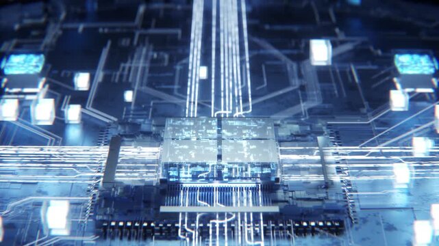 Dynamic close up of futuristic chip and motherboard connections. Microchip activation and power supply system. High performance CPU chip under blue neon light. Artificial intelligence, 3d rendering.