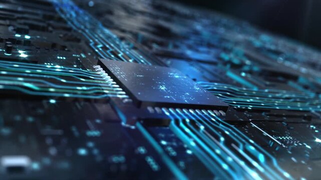 Chip is connected to the motherboard. The chip emits light to connect and activate the circuit board, activating the entire system to emit particles and lines. Shocking technology 3D animation.
