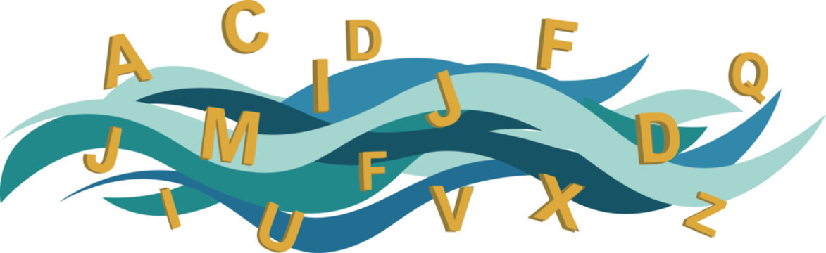 Abstract flowing blue waves with floating gold alphabet letters, creative education concept vector, dynamic water ripples with 3D metallic typography