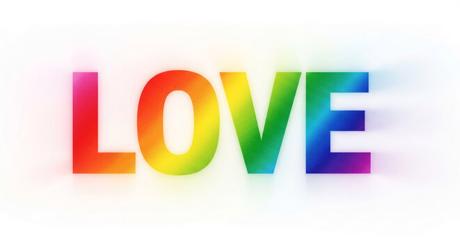 Bold, colorful text spells out "LOVE" in rainbow hues on a bright white background, symbolizing universal affection and pride, perfect for celebrations.