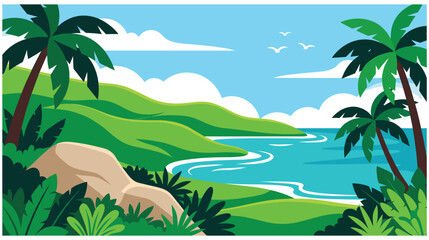 Lush green tropical island landscape with ocean and palm trees. © GW