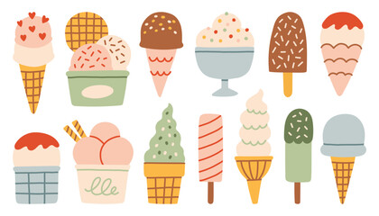 Obraz premium Vector collection of colorful ice cream in flat hand drawn style. Variety of gelato scoops, waffle cones, cups, and popsicles with sprinkles. Sweet summer dessert icons for shop or packaging