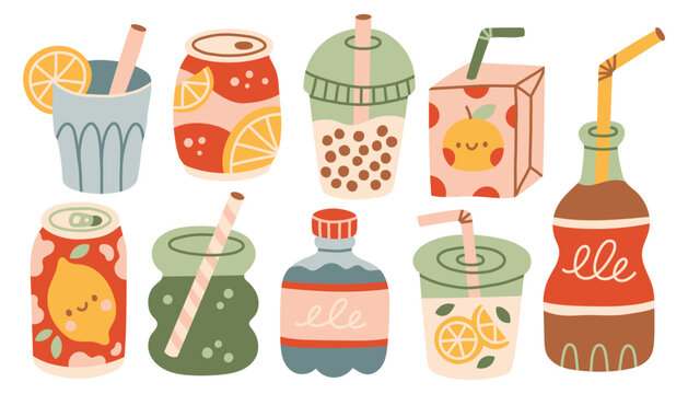 Collection of flat vector soft drinks including soda cans juice boxes and bubble tea. Colorful beverage set with straw and citrus fruit slices in cute hand drawn doodle style on white background