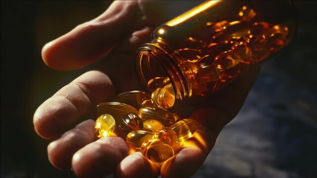Healthy lifestyle concept showing hand cradling the bottle of dietary supplements and capsules catching light rays
