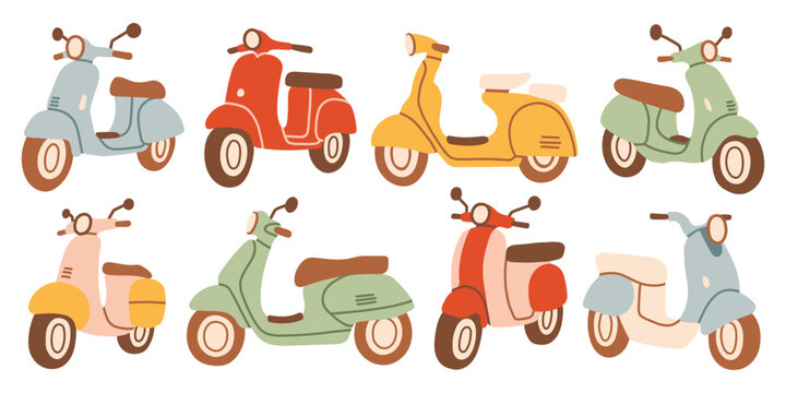 Vector collection of vintage motor scooters and mopeds in pastel colors. Stylish italian style transport set in cute hand drawn doodle style for urban travel and summer road trips