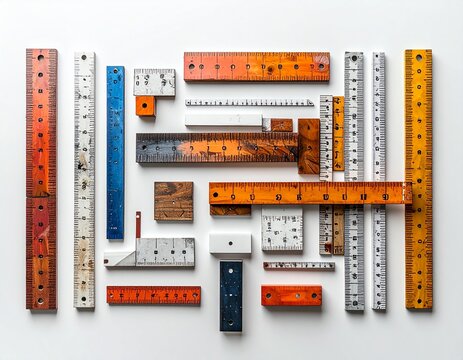 Collection of various colorful rulers and measuring tools arranged