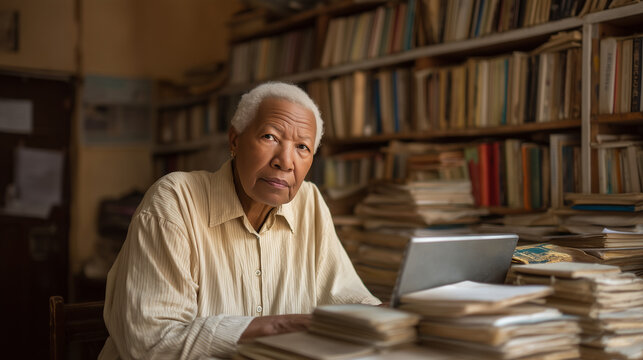 Elderly Black professor alone in university library archive after hours, stacks of physical journals surrounding open laptop, frustrated expression, academic publishing paywall barrier, open access 