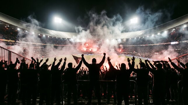 Passionate Soccer Fans Cheering with Red Flares in a Crowded Stadium Night