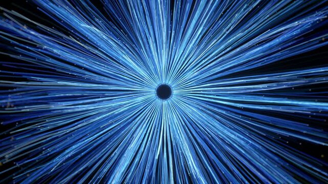 Blue light rays burst from a futuristic robotic arm made of glowing lines. Surgical precision, bionic limb, medical data streaming. High-tech healing and human augmentation. 3D animation.