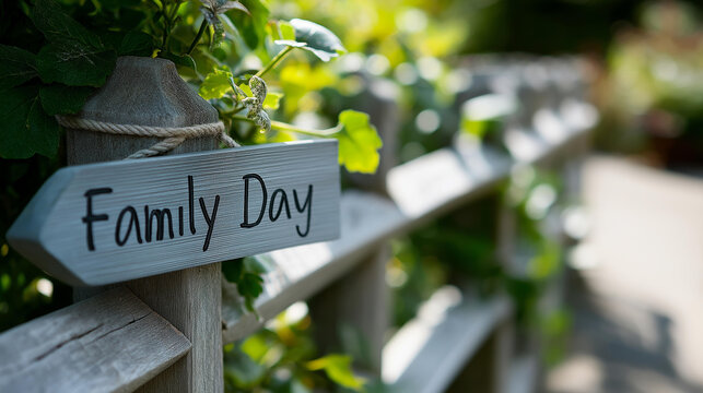 Close-up of a wooden sign reading 'Family Day' resting against a rustic fence in a garden, holiday concept, international family day symbol, outdoor decor, with copy space