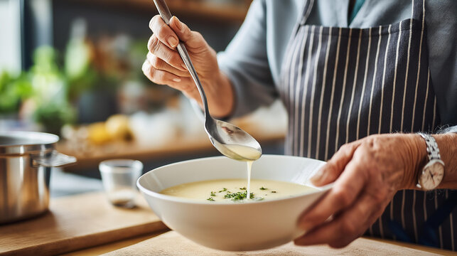 Close-up of wrinkled senior hands carefully ladling warm homemade soup into a bowl, elder cooking tradition, family care concept, older persons day, defocused background, with