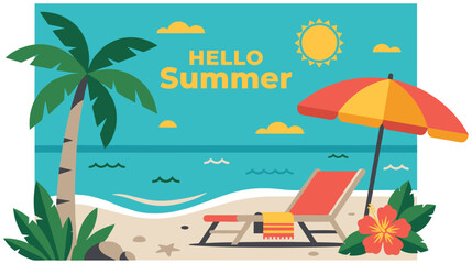 Obraz premium Colorful summer beach with lounge chair and palm tree.