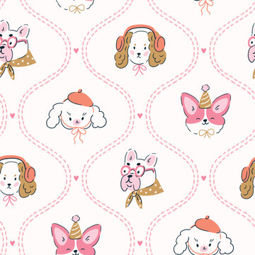 Vector preppy dog seamless pattern. Heritage revival damask repeat background with dogs. Cute animal seamless fabric or wallpaper design.