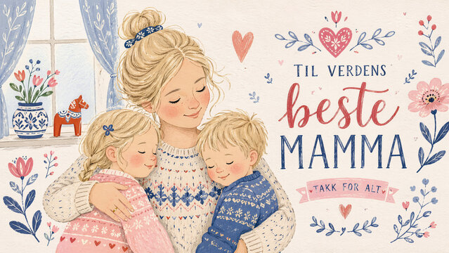 Illustration of a loving mother hugging her daughter and son with Norwegian text Til verdens beste mamma for Mother's Day greeting card design
