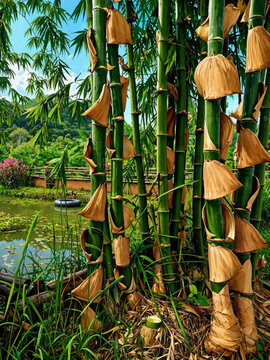 A vibrant tropical scene featuring a cluster of tall green bamboo stalks with naturally peeling outer layers, revealing textured golden-brown sheaths. The bamboo grows beside a small, calm pond covere