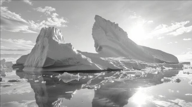 Monochrome icebergs floating on calm water, reflections, bright sun, surreal landscape.