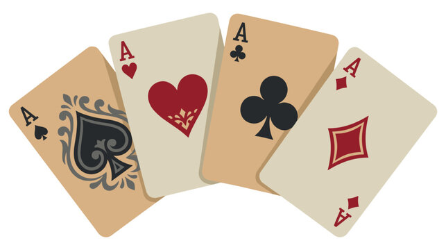 Four aces playing cards arranged in a row isolated on white background.