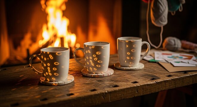 Three white mugs on rustic wood table with cozy fireplace glow, warm Mother's Day morning setting, family tea time, handmade gifts and greeting cards in home interior.