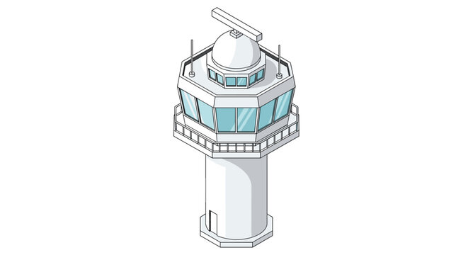 An isometric view reveals a hexagonal control tower topped with a rotating radar dish and a railed balcony encircling the primary observation level area.