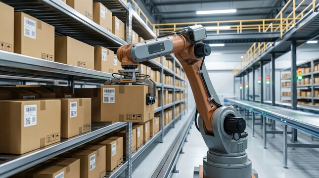 Automated robotic arm handling cardboard boxes in modern logistics warehouse, artificial intelligence robot managing inventory storage and shipment in industrial distribution