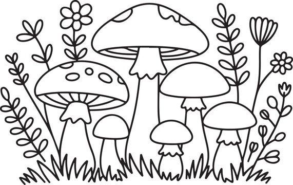 Mushroom House Coloring Page Vector Illustration for Kids Printable Fantasy Woodland Design