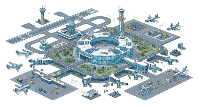 An isometric view of a modern airport terminal with runways, airplanes, and ground support vehicles is shown on a clean white background for travel concepts.
