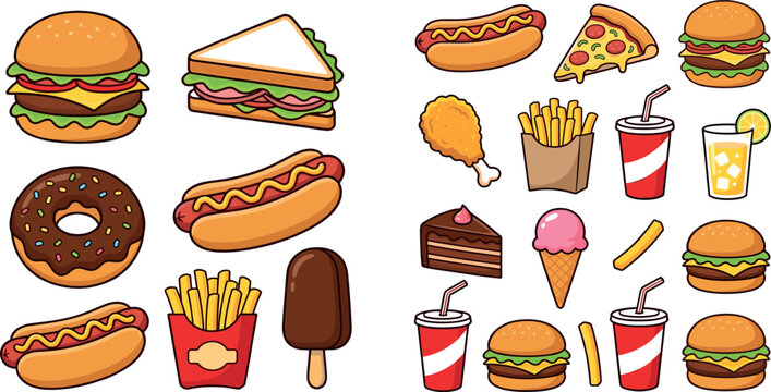Fast Food Icon Set Featuring Burgers, Pizza, Fries, Donuts, Ice Cream, and Drinks for Menu Design, App, and Marketing