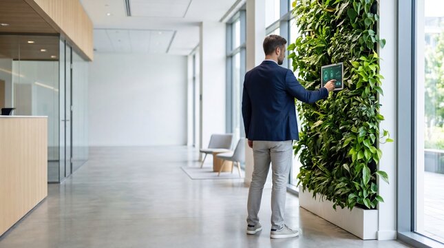 Businessman using tablet to control smart building systems next to vertical garden, sustainable office environment, green technology concept.