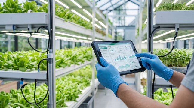Agricultural scientist monitoring vertical farm plant growth with tablet device, sustainable organic farming technology and food production innovation.
