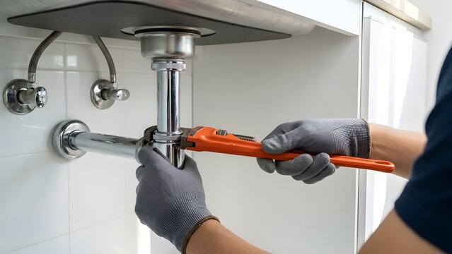 Professional technician plumber using wrench to repair water pipe under kitchen sink, plumbing maintenance service fixing leaks, replacing drain pipes and cleaning clogged or rusty plumbing system.