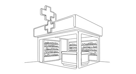 Naklejka premium Pharmacy building exterior line art illustration with medical store and healthcare concept.