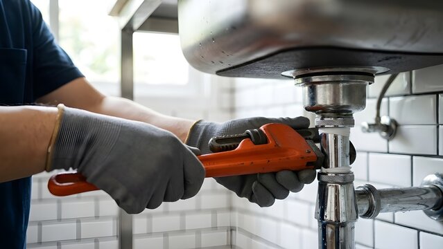 Professional technician plumber using wrench to repair water pipe under kitchen sink, plumbing maintenance service fixing leaks, replacing drain pipes and cleaning clogged or rusty plumbing system.