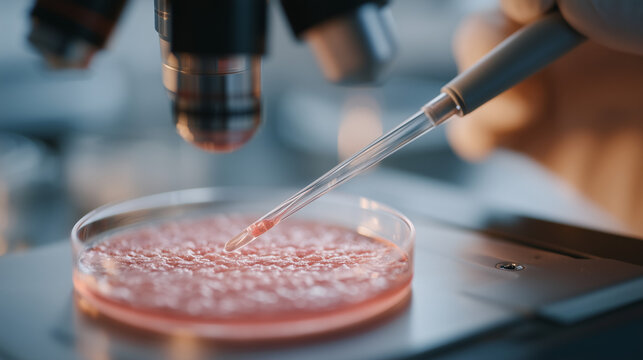 Multielectrode array dish rests on vibration isolation table amid humid incubator glow, technician pipetting culture medium, in vitro brain recording MEA electrophysiology neurons on chip organoid n
