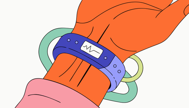 close up of a smart wrist band showing heart rate