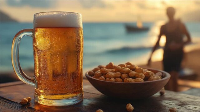 Chilled beer mug with peanuts on beach at sunset. Sea and boat in background.