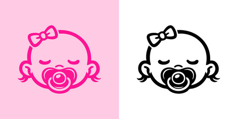 Logotipo con dibujo minimalista con líneas de la cabeza de una linda bebé niña durmiendo con chupete © teracreonte