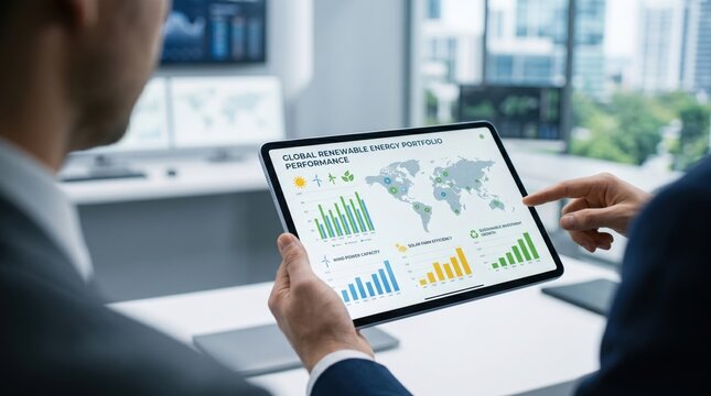 Business team reviewing global renewable energy portfolio performance charts and world map on tablet device during a strategic meeting in a modern corporate office.