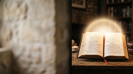 Ancient open Holy Bible displaying Psalm 23, radiating a warm glow on a rustic wooden table, with soft candlelight and blurred bookshelves in the background. © kashurin