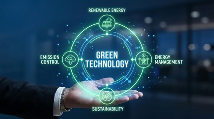Naklejka premium Green technology concept with hand holding circular icons