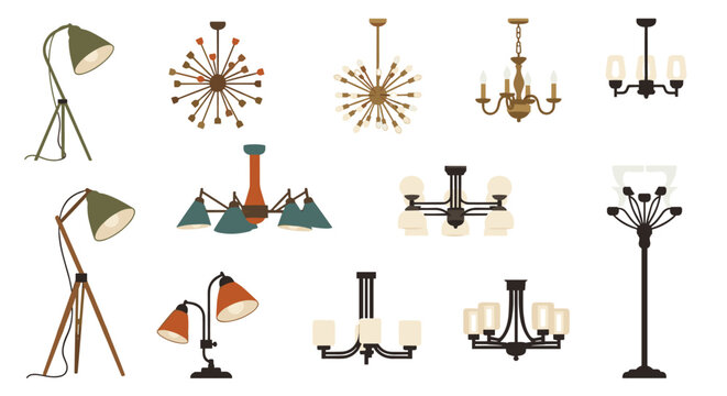 Twelve assorted ceiling light fixtures including modern chandeliers and pendant lights in a clean flat and muted color palette for interior projects.