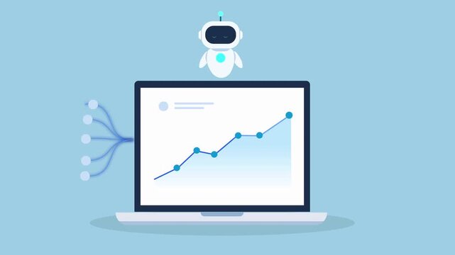 Animated AI robot analyzing a growing data chart on a laptop with a globe icon, representing global business analytics, international data, digital transformation, and worldwide technology networks.