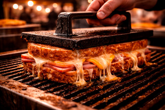 A large panini with ham and melted cheese being pressed with a heavy cast-iron grill weight on a professional griddle at a night market.