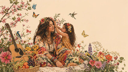 Obraz premium Whimsical bohemian mother and young daughter bonding in a blooming flower meadow with butterflies, hummingbirds, an acoustic guitar, and a fruit basket in vintage aesthetic.