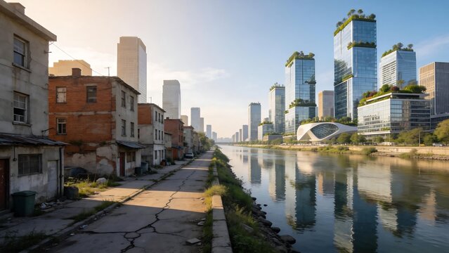 Urban riverfront with old and new buildings